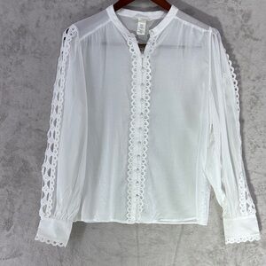 NWT--H&M White Sheer Eyelet Lace Trim Button Up Long Sleeve Size M